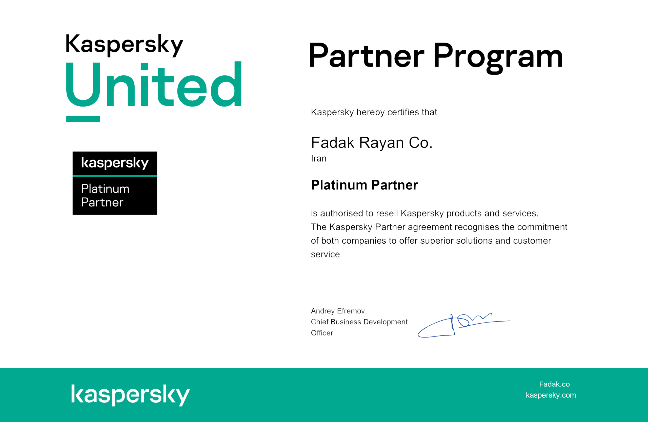 Kaspersky United Partner Program — Platinum Partner — Fadak Rayan Co.